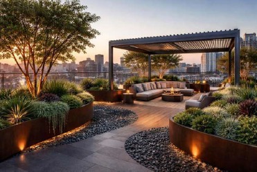 Terrazza verde con pergola e illuminazione serale su copertura urbana Terrazza verde su tetto con pergola bioclimatica, fioriere in corten e illuminazione serale sulla città