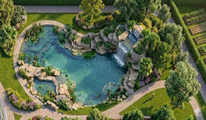 Biolago in giardino con cascata e zona di depurazione naturale Vista aerea di un biolago in giardino con cascata, rocce, zona di fitodepurazione e percorsi