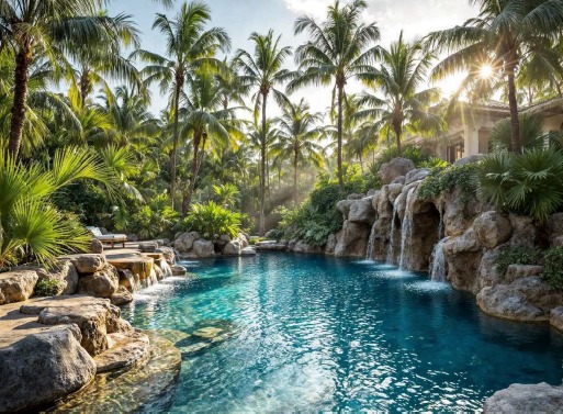 Piscina naturale con cascate e rocce integrate nel giardino tropicale Piscina naturale con cascate su rocce, acqua turchese e palme al tramonto