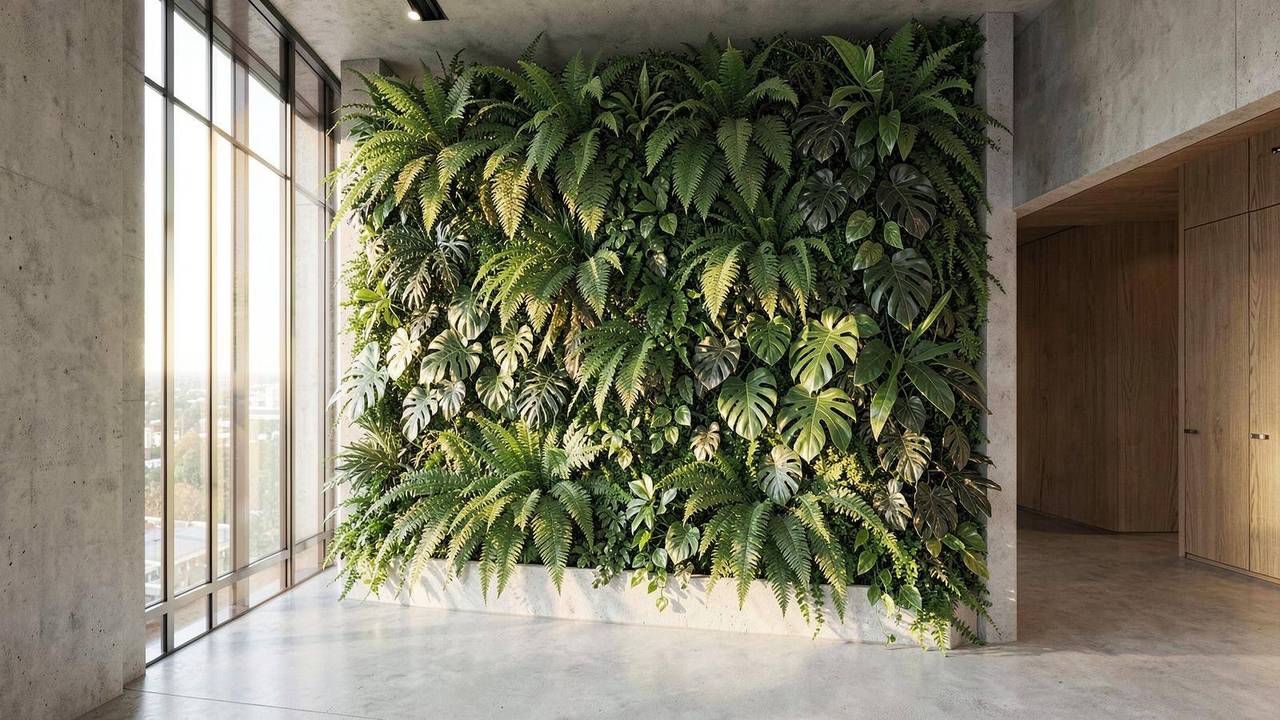 Giardino verticale interno realizzato su parete di una hall direzionale Giardino verticale interno con felci, monstera e pothos su una parete verde in una hall di uffici