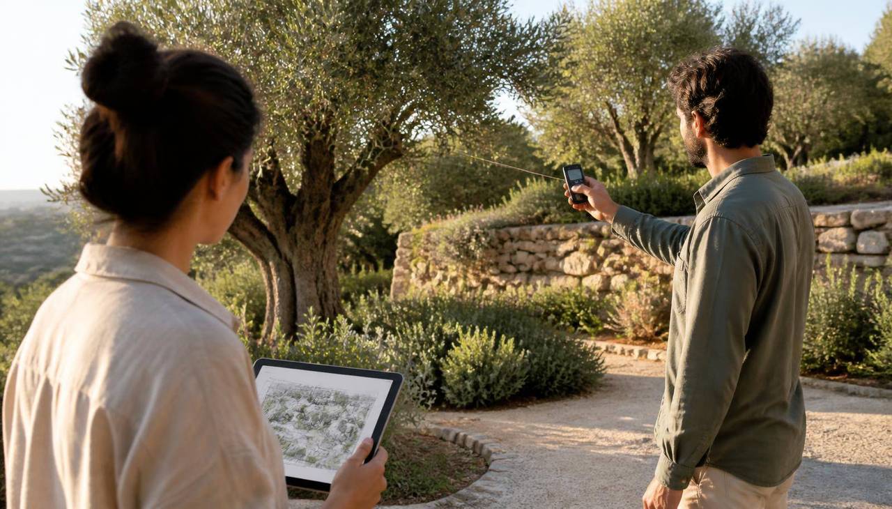 Sopralluogo e rilievo per la progettazione di un giardino mediterraneo Progettisti Planeta durante il sopralluogo e il rilievo di un giardino mediterraneo con ulivi secolari