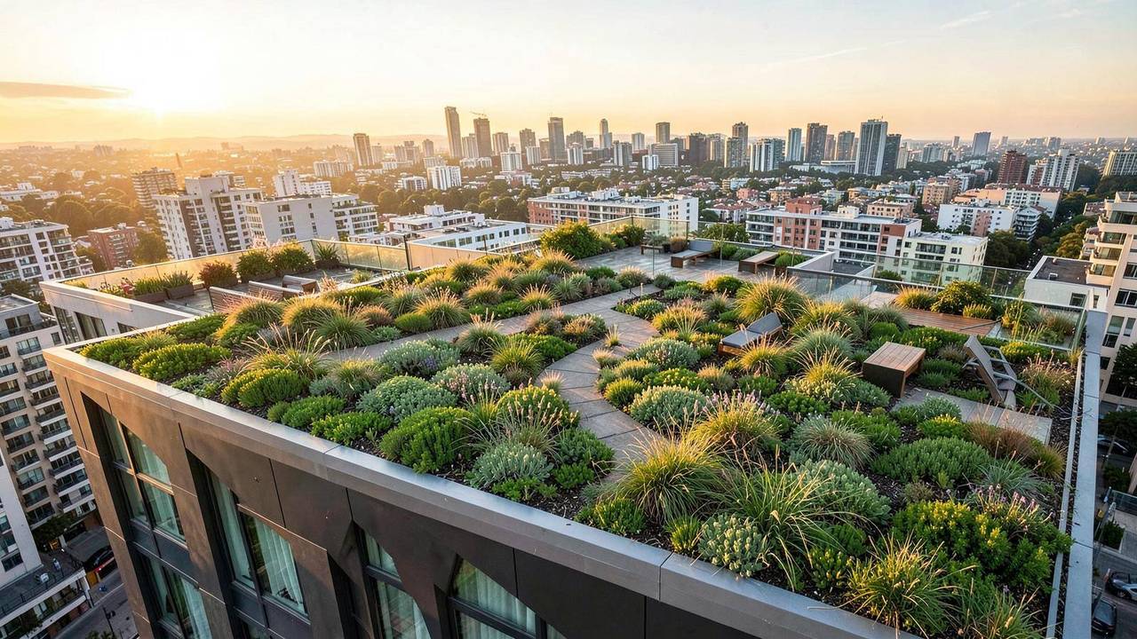 Tetto verde con copertura a giardino pensile panoramico Copertura a verde di un edificio con prato, arbusti e vista panoramica sulla città